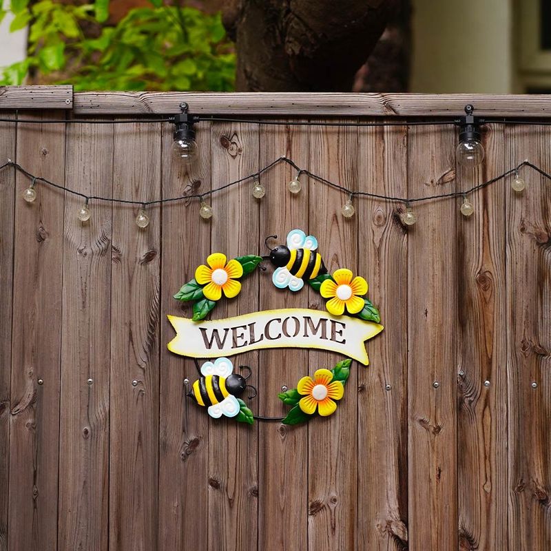 Garden Metal Wall Hanging Ornaments Handmade Bee Pattern Welcome Slogan